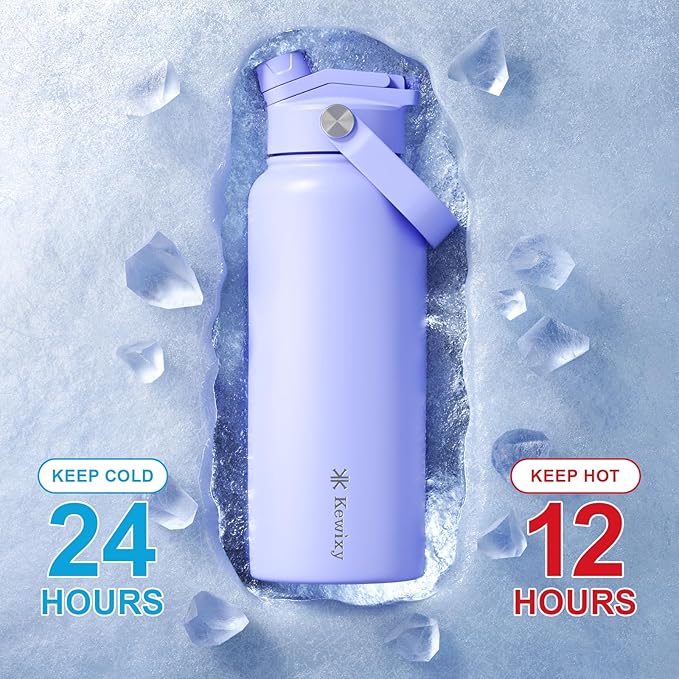 32 oz Insulated Water Bottle, 2-in-1 Lid, Straw & Spout with Protected, Leak Proof, Keep Cold, Stainless Steel, Metal, Reusable, Handle, for Outdoor, Gym and School, 2 Lids, Aurora Blue