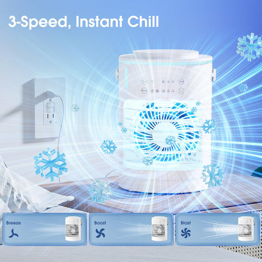 Passky Mini Evaporative Air Cooler with Mist Cooling & 7-Color LED, 3 Speeds 3 Timers (2/4/8H), 600ml Tank, USB, Personal Air Cooler Humidifier for Office Home Camping, Compact & Waterproof