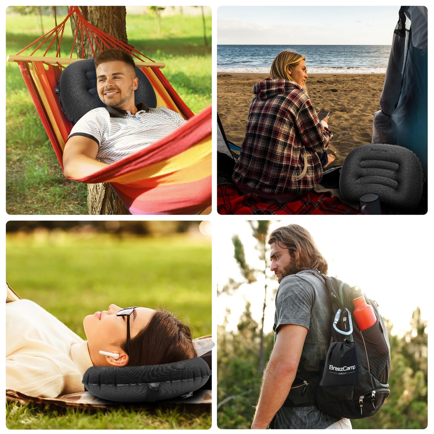 BreezCamp Inflatable Camping Pillow, Travel Blow Up Air Pillow, Neck Lumbar Support Ultralight Compact Pillow for Outdoor Hiking Backpacking Car Beach Airplane Sleeping Essentials, Black