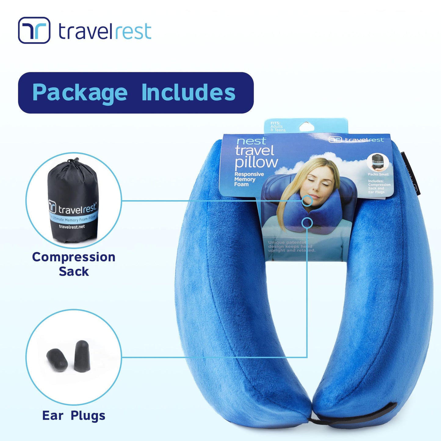 TRAVELREST Nest Neck Pillow Travel Essentials - Memory Foam Pillow and Patented Design, Support for Long Flights, Travel Accessories, Comfortable and Compact, Washable, Attaches to Luggage - Blue