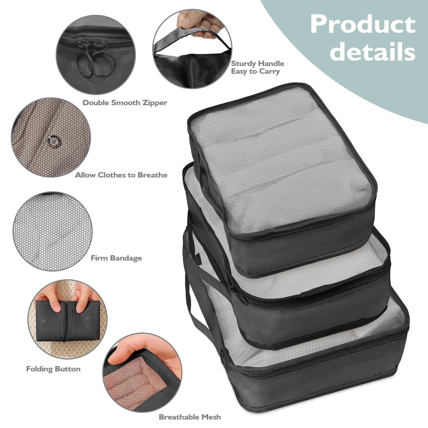 10 Set Packing Cubes for Travel - Black Suitcase Organizer With Toiletry Bag, Mesh Breathable Luggage Organizer Bags, Travel Essentials for Women Accessories