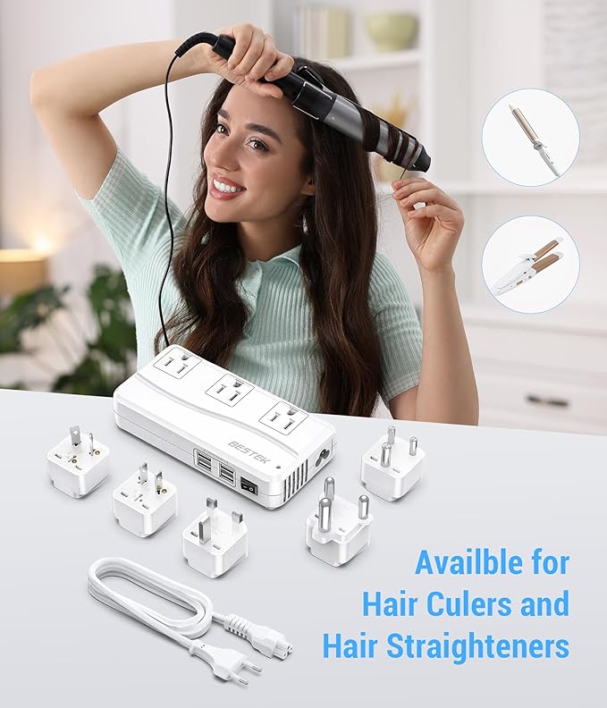 BESTEK 220v to 110v Voltage Converter, US to Europe Converter for Hair Straightener/Curling Iron, Power Converter for European Travel, (EU/UK/AU/JP/India/South Africa Universal Plug Adapter)