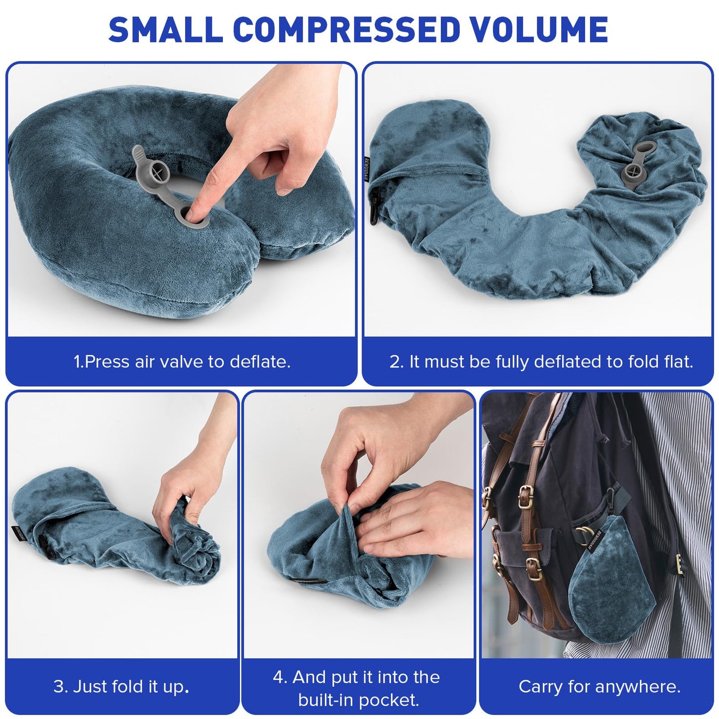 Rewondah Neck Pillows for Travel, Inflatable Travel Pillow, Inflatable Neck Pillow for Traveling Airplane with Soft Velour Washable Cover, U Shape Blow Up Neck Pillow for Airplanes Train Car Travel