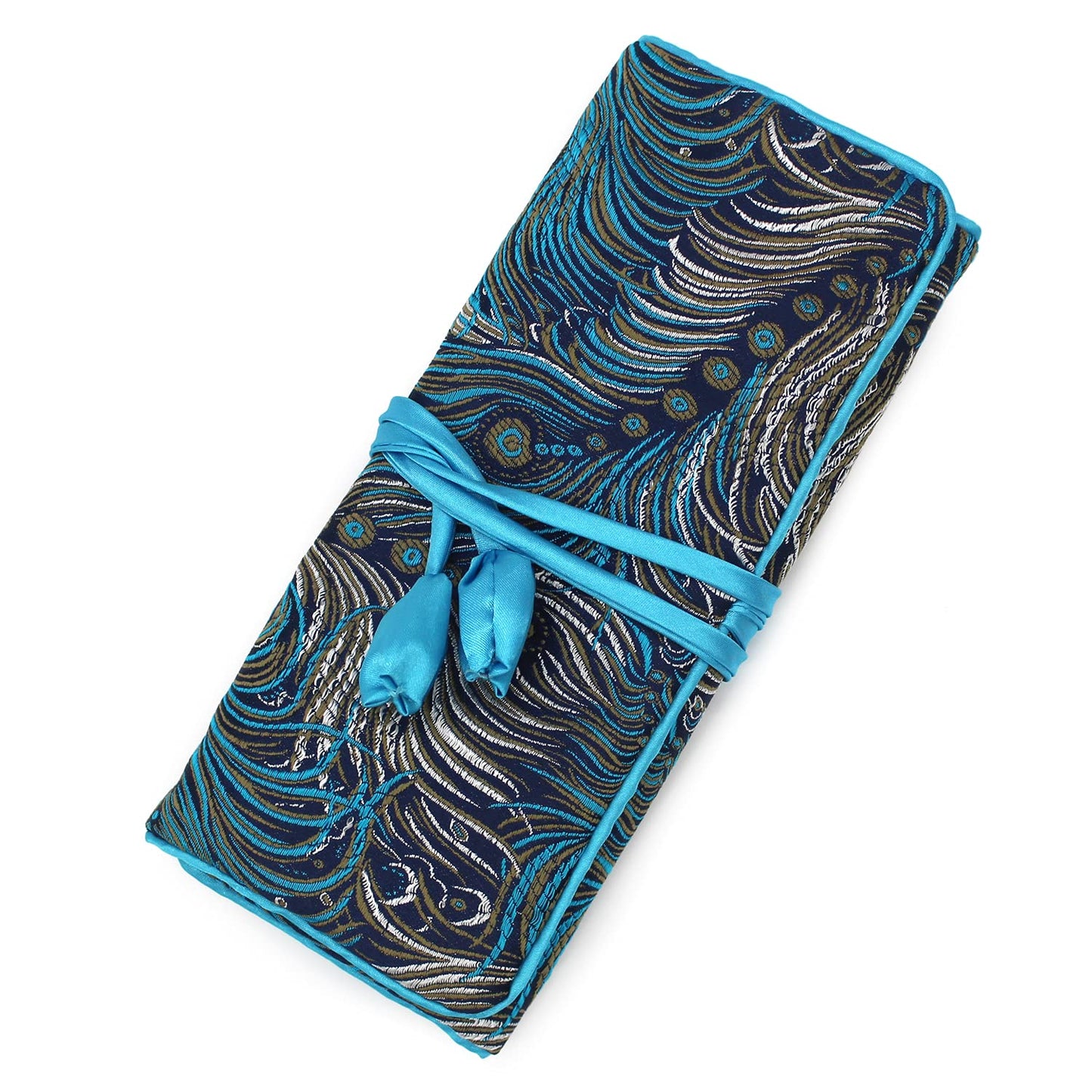Wei Long@Jewelry Roll, Travel Jewelry Roll Bag,Silk Embroidery Brocade Jewelry Organizer Case with Tie Close, (Peacock,Blue)