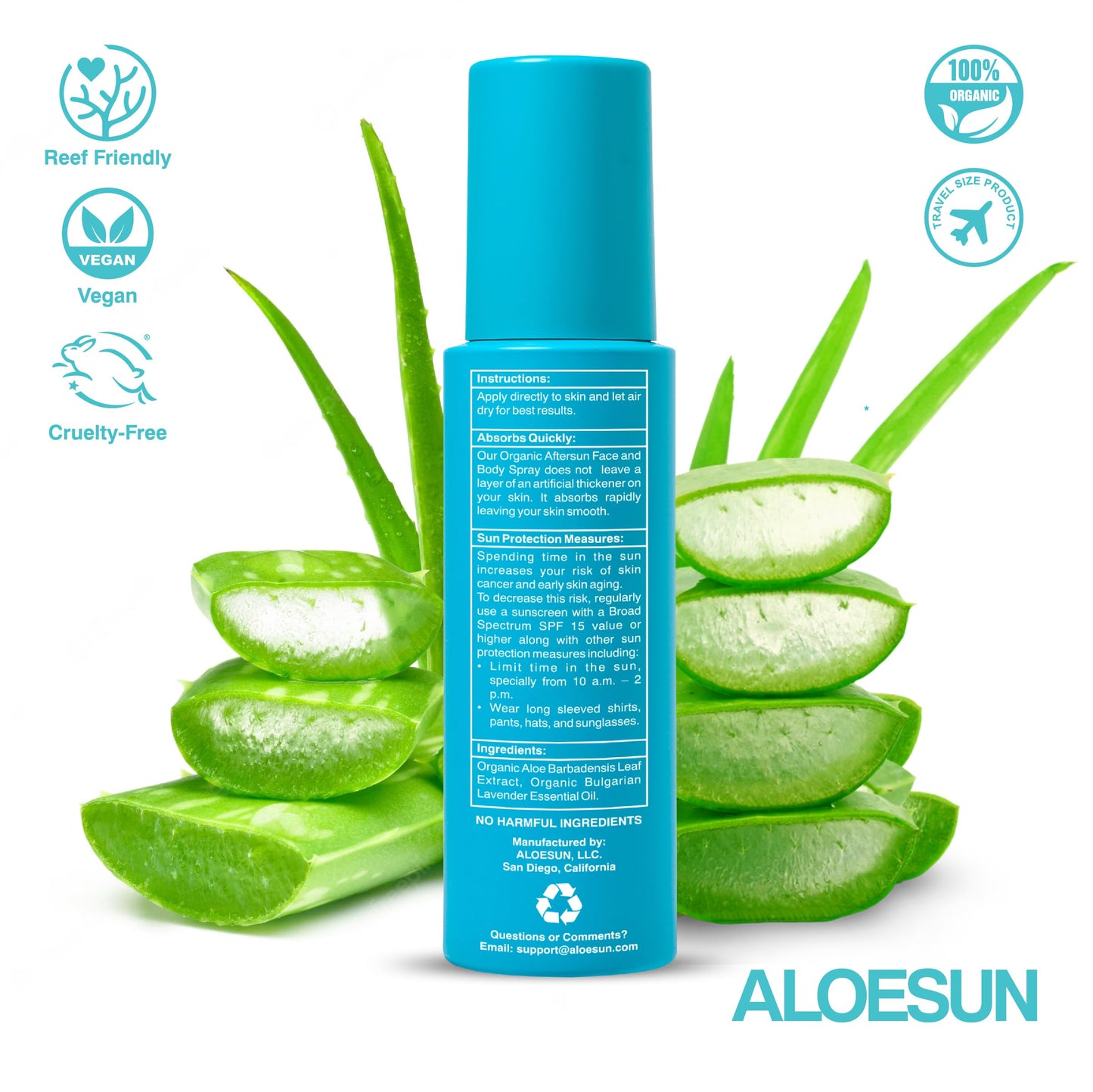 ALOESUN After Sun Face and Body Spray | Non Sticky Organic Aloe Vera for Sun Exposure Relief with Pure Lavender Essential Oil | Natural Aftersun Skin Moisturizer for Redness | Travel Size 3.4 Fl Oz
