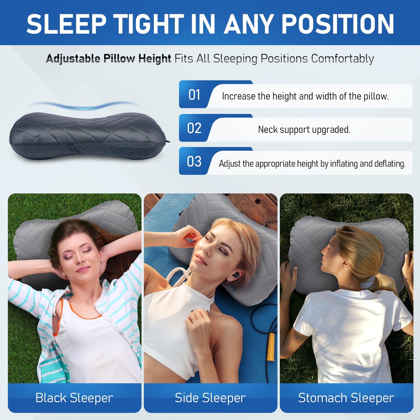 OMVMO Camping Pillow with Washable Removable Cover -Ultralight Inflatable Pillow for Neck Lumbar Support with Silicone Silent Earplugs and 3D Sleep Eye Mask-Travel Air Pillows for Hiking,Backpacking