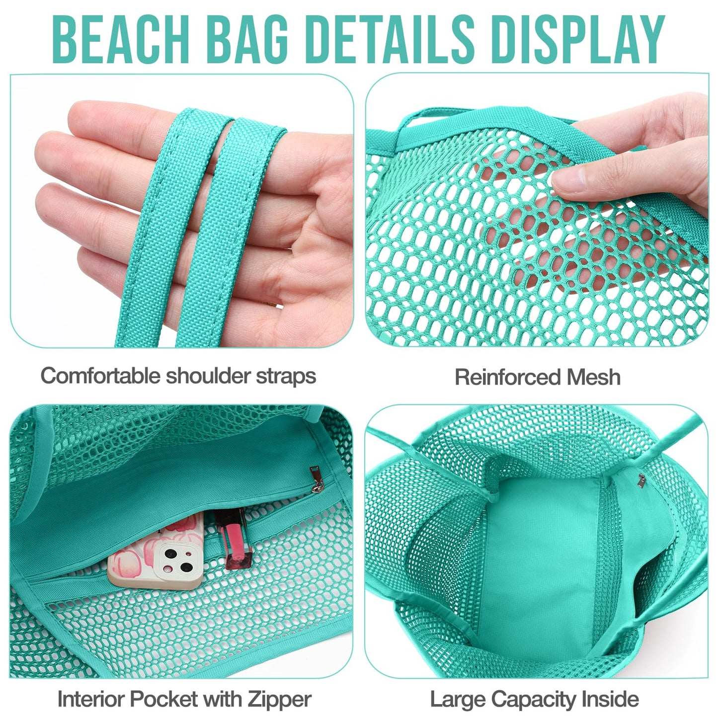 KPX Beach Bag with Mini Pocket, Beach Tote Bags for Women Large Foldable Mesh Swimming Pool Travel Bags - Sandproof (Teal)