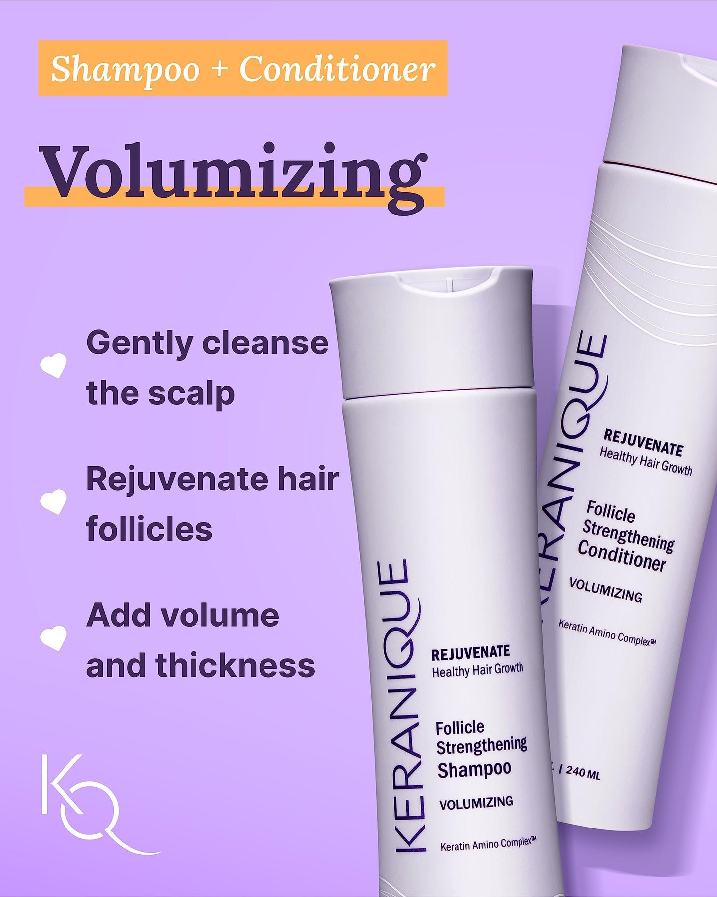 Keranique VOLUME BOOST & STYLE TRAVEL KIT - Anti-Frizz Heat Protection System for Women with Thinning Hair - Includes Keratin Shampoo, Conditioner, and Thickening Mousse, Enhances Volume and Texture