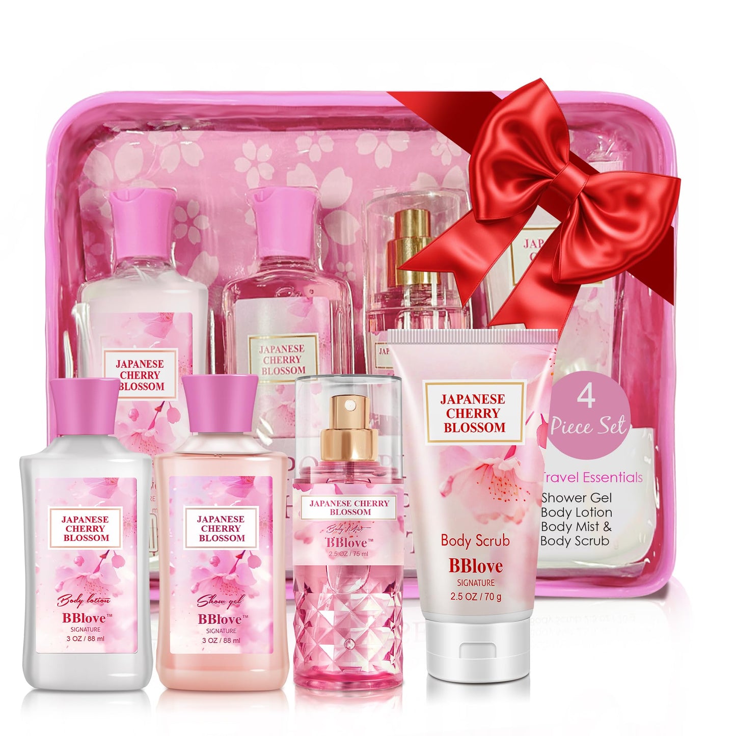BBlove Bath and Body Gift Set for Women & Girls, Japanese Cherry Blossom, 4PCS Set for-Shower Gel, Body Lotion, Body Mist, Exfoliating Scrub, Body Care Set