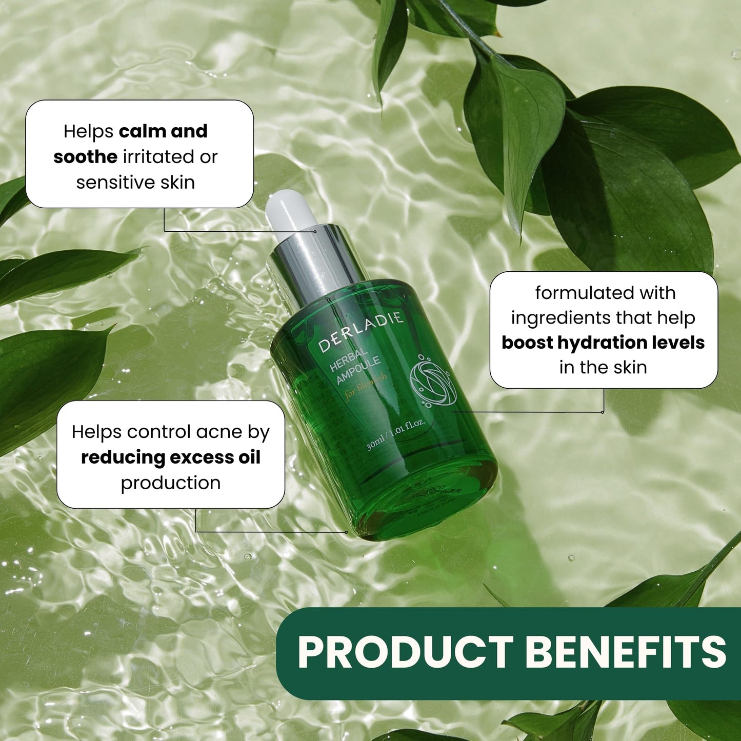 DERLADIE HERBAL AMPOULE for Blemish 30ml, Soothing & Sebum Care Korean Skin Care