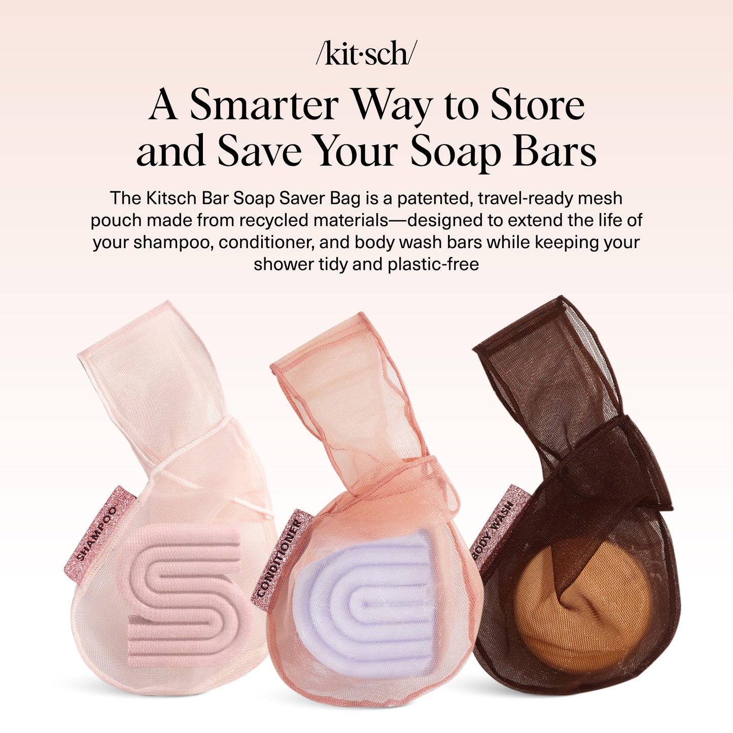 Kitsch Bar Soap Saver Bag – Patented Mesh Bag Soap Holder for Shampoo, Conditioner & Body Wash Bar - Extends Use & Prevents Soggy Mess - Recycled Mesh Pouch - Blush, Terracotta & Chocolate, 3pc Set