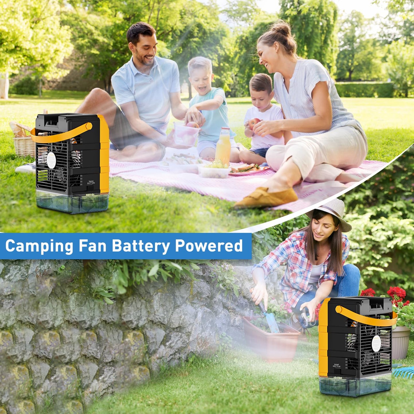 Uniqwamo Misting Fan Portable Compatible for Dewalt 20V/60V Battery(No Battery) or USB Powered, Cooling Fan for Bedroom with 7 Lights, 8H Timer, 1600ML Water Tank for Outside Camping Tent Room Office