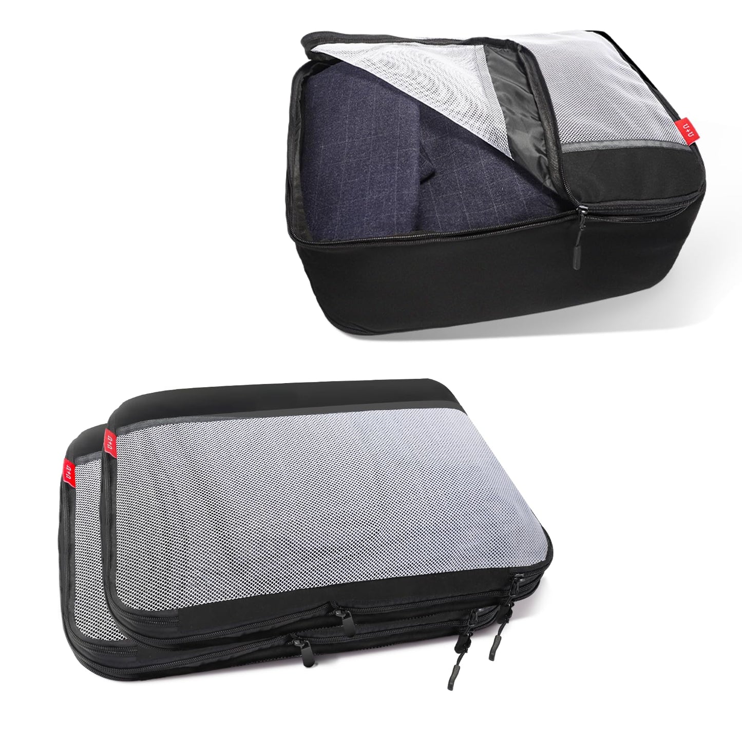 Compression Packing Cubes for Travel Essentials, 2 Set Suitcase Organizers for Luggage Carry on, Large Lightweight Compressible Expandable Mesh Travel Cubes by U+U, Black