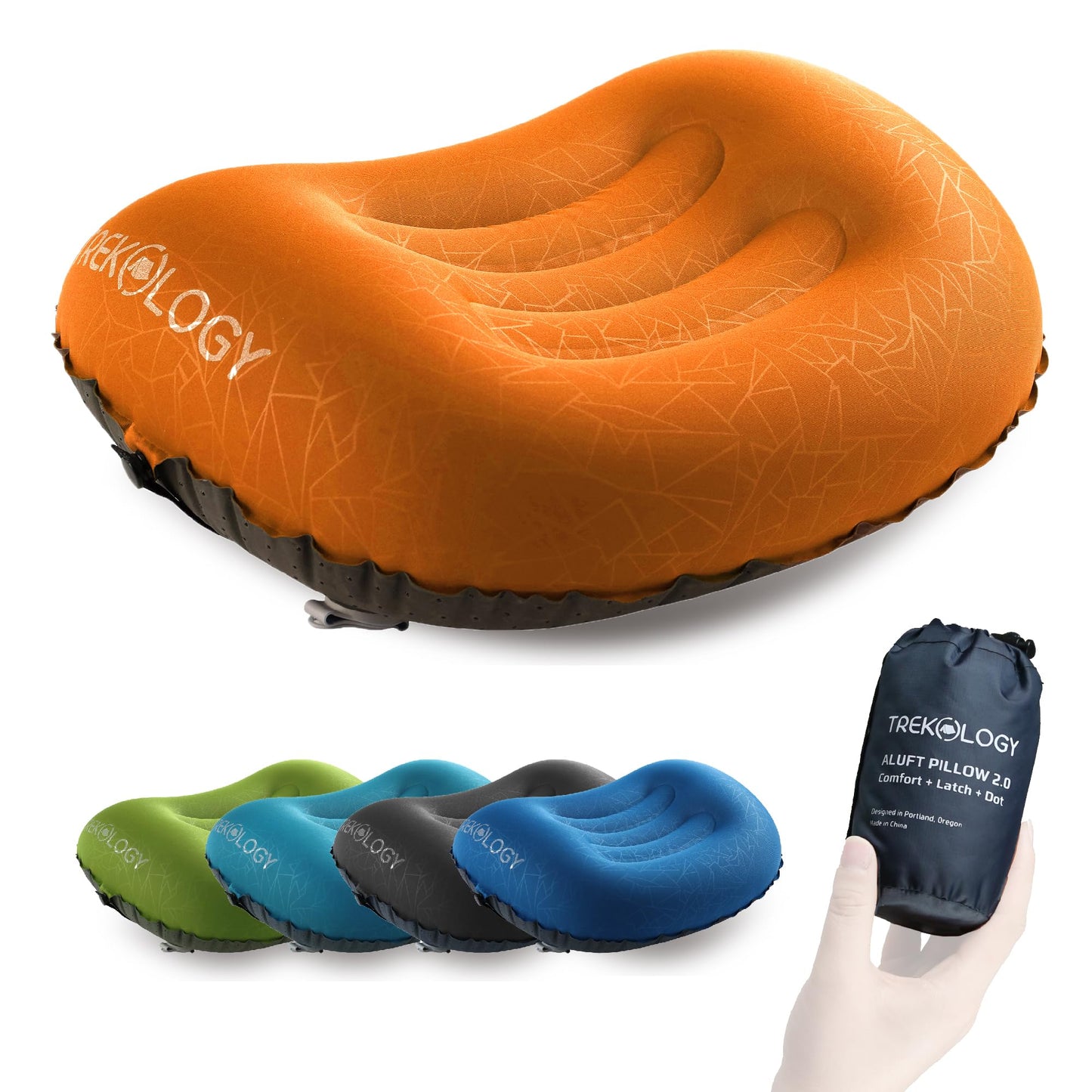 TREKOLOGY Ultralight Inflatable Camping Travel Pillow - ALUFT 2.0 Compressible, Compact, Comfortable, Ergonomic Inflating Pillows for Neck & Lumbar Support While Camp, Hiking, Backpacking
