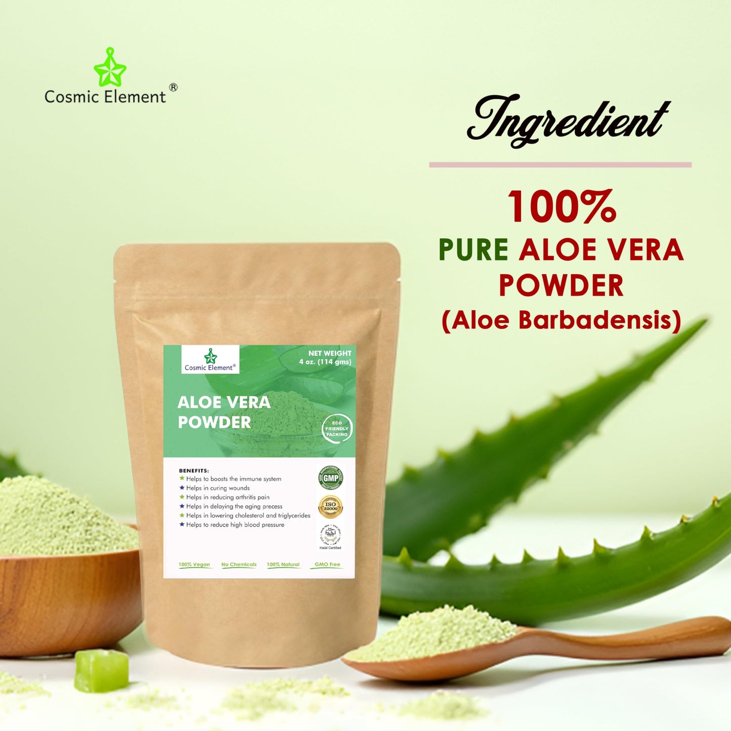 Cosmic Element Organic Aloe Vera Powder - 100% Pure Leaf Gel | Hydrating After Sun Care, Moisturizing for Face, Body & Skin | Ideal for Sun Burn, Acne, and Dry Skin - Aloe Vera Powder for Hair - 4 oz