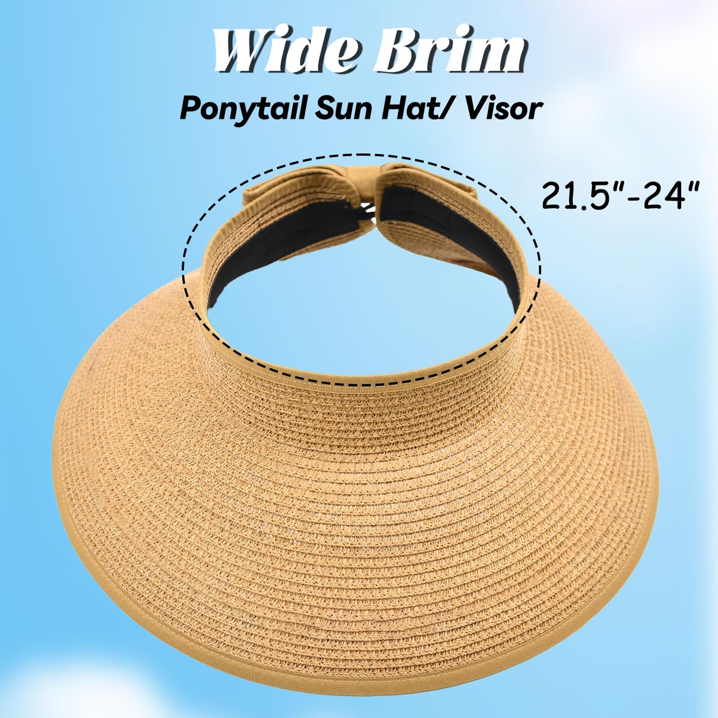 Sun Hats Visor for Women, UV UPF Straw Beach Hat Foldable Wide Brim Ponytail Summer Hats Packable Travel Khaki