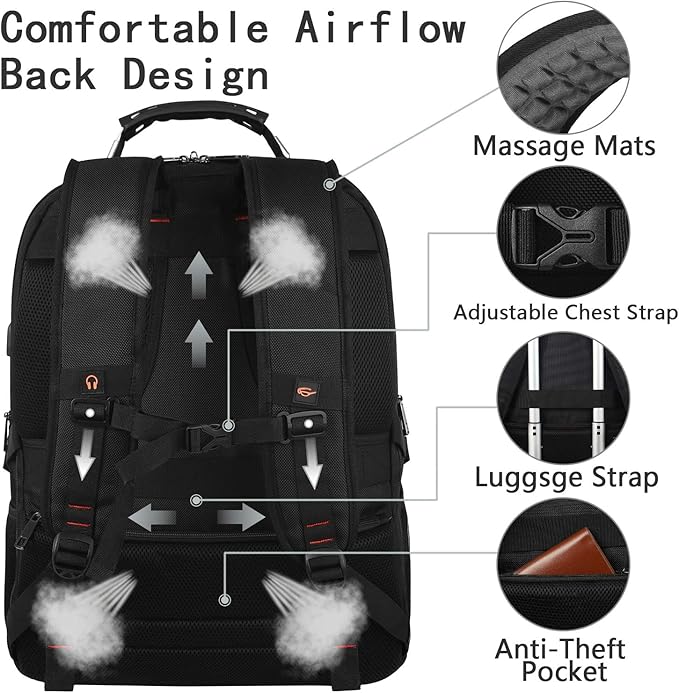18.4 '' Laptop Backpack for Men,Women,55L Extra Large Travel Laptop Backpack with USB Charger Port,Headphone Hole,Chest Strap,TSA Friendly Flight Approved RFID Anti-theft Water Resistant Rugby Pocket