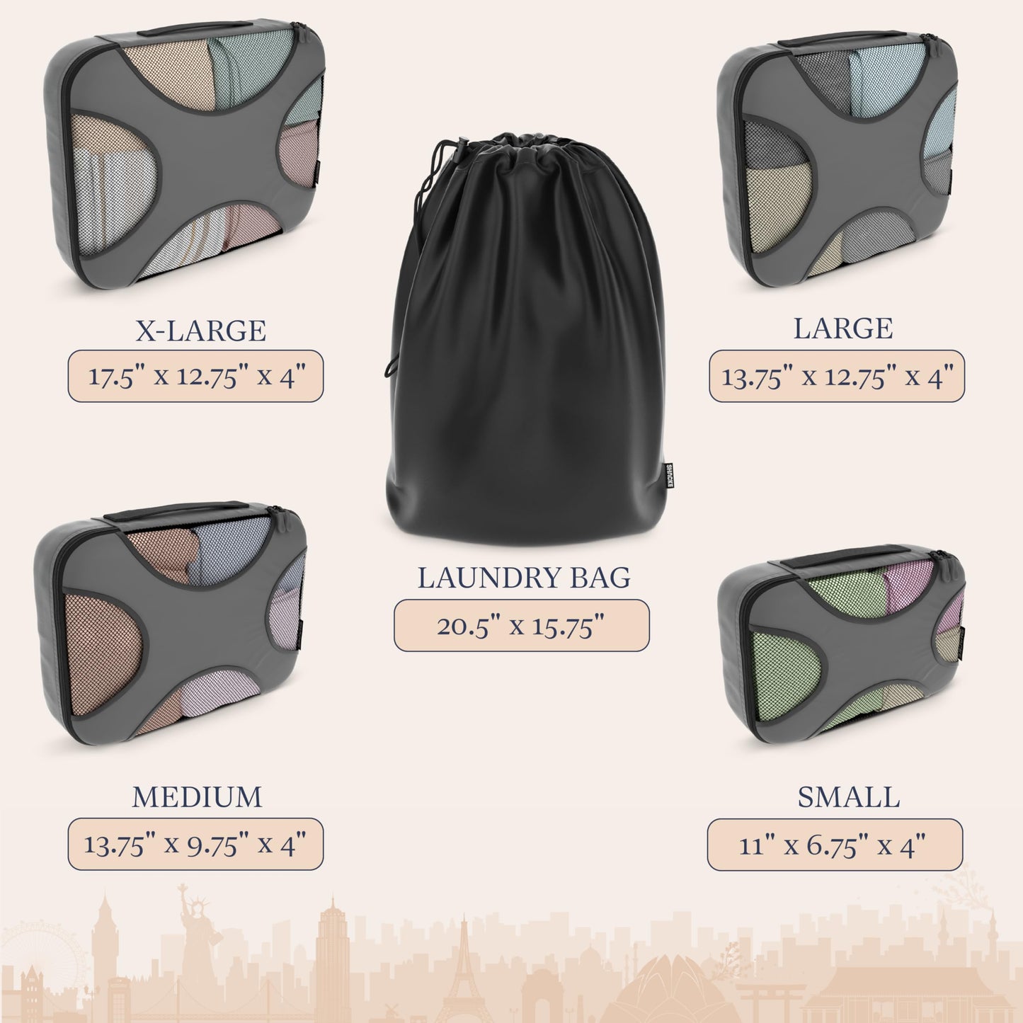 Shacke Premium 5 Packing Cubes Set - Lightweight Mesh Travel Luggage Organizers with Laundry Bag, 5-Piece Suitcase Storage System (Dark Grey)