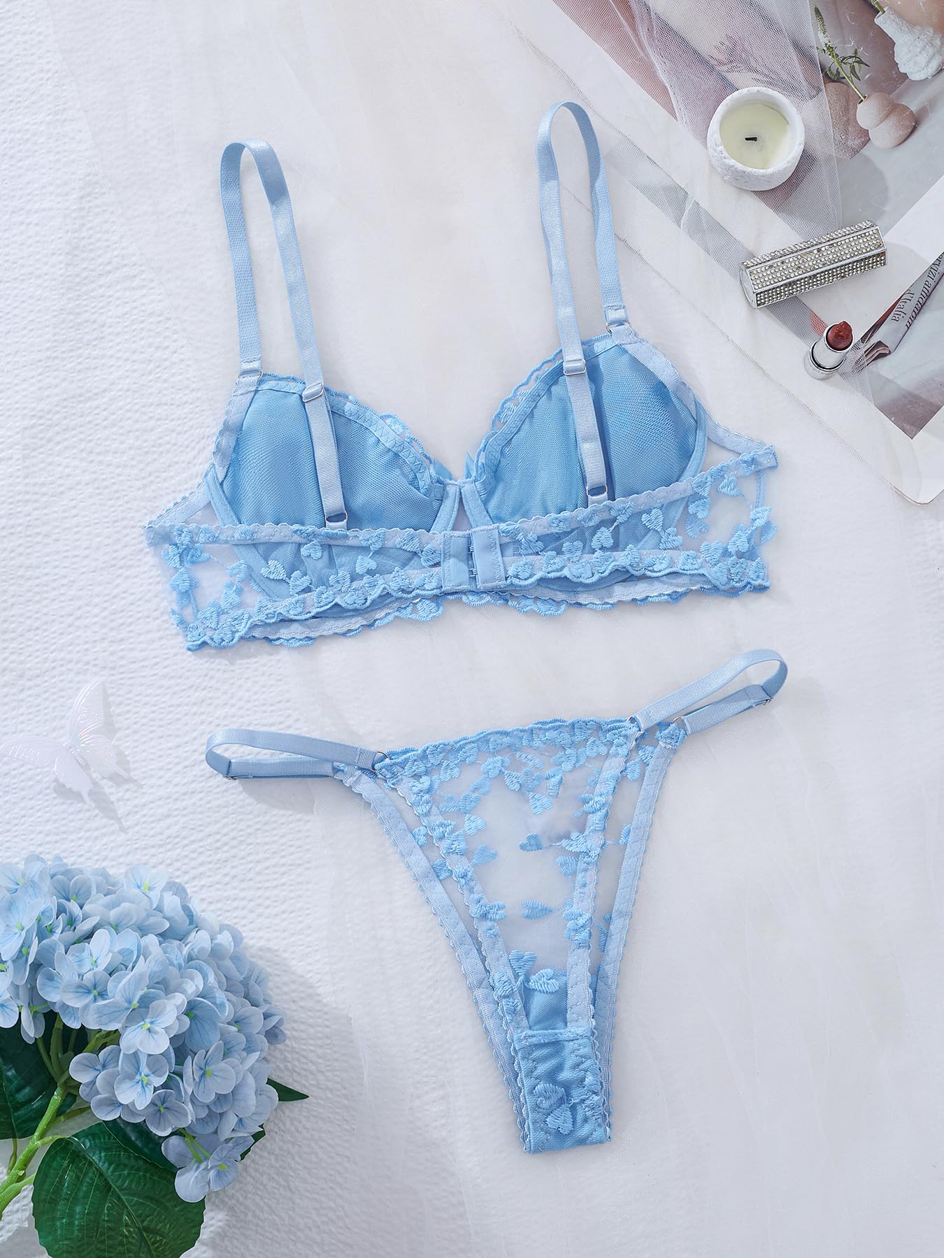Aimedalis Sexy Strappy Embroidered Mesh Lingerie For Women Cute Underwire Push Up Bra And Panty Set Good Gifts For Wife (A Light Blue M)