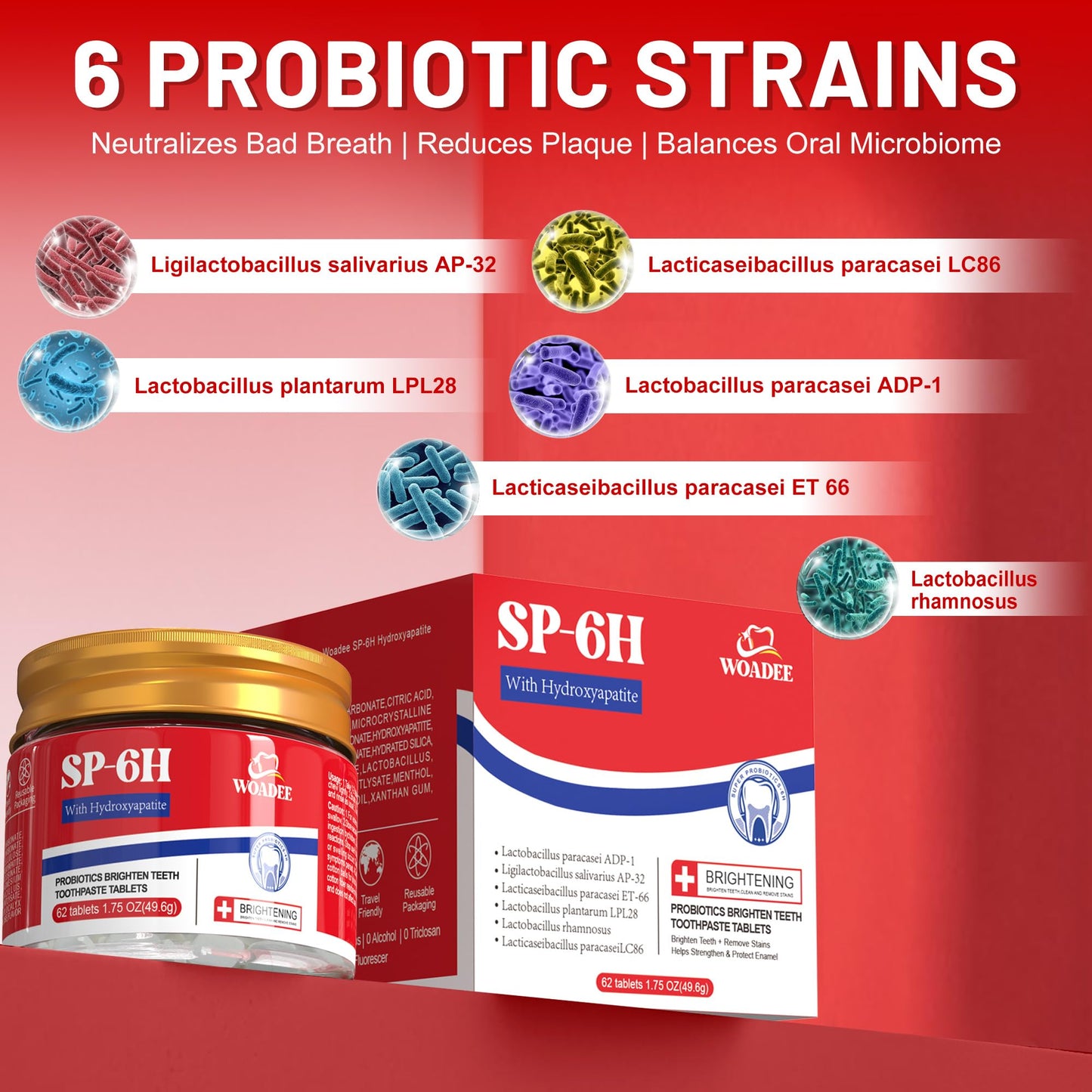 SP-6 Probiotics & Hydroxyapatite Toothpaste Tablets - Remineralizing Enamel Repair, Fluoride-Free Whitening, Mint Fresh Travel Tabs (62 Count)