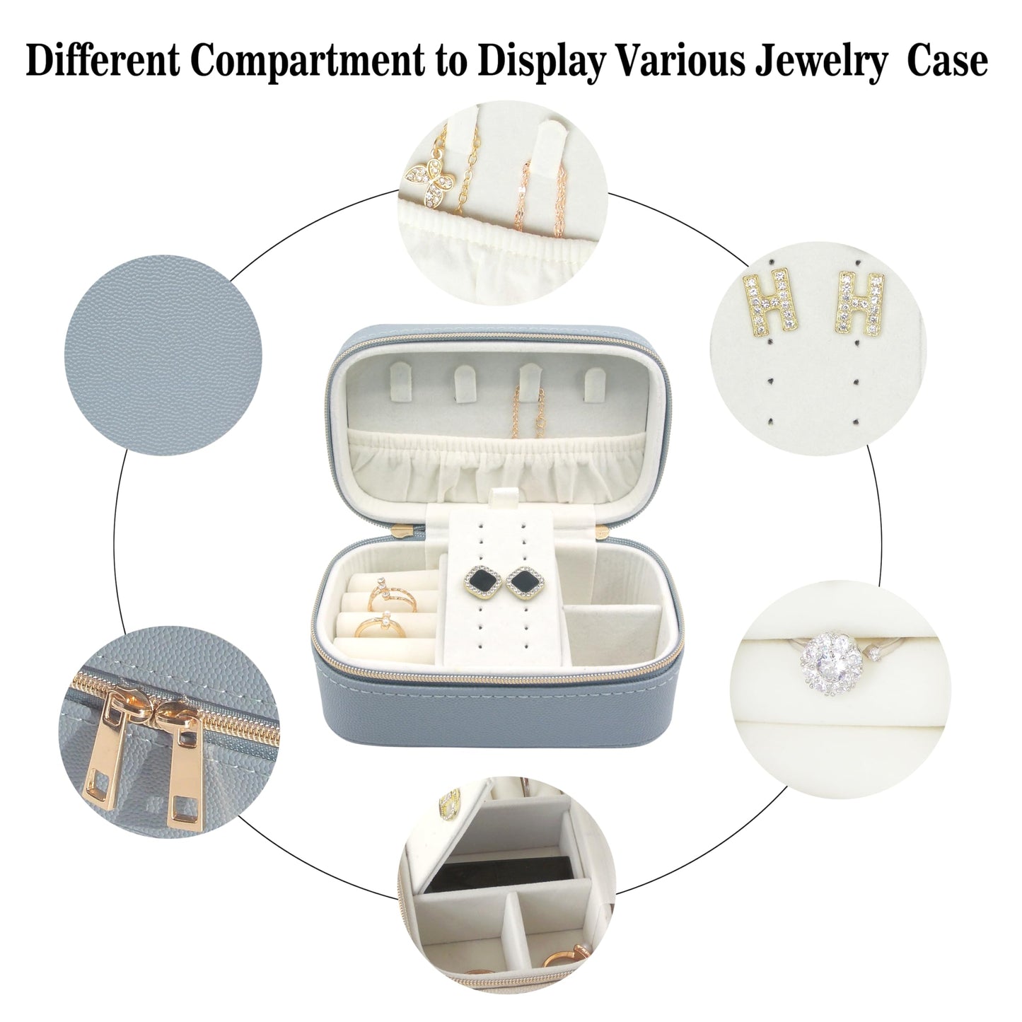 Betviv Travel Jewelry Box, Small Blue Case for Business Travel, PU Leather Compact Size, Curated Storage for Daily Jewelry | Dual-Zipper & Hidden Compartment | Anti-Tarnish Protection