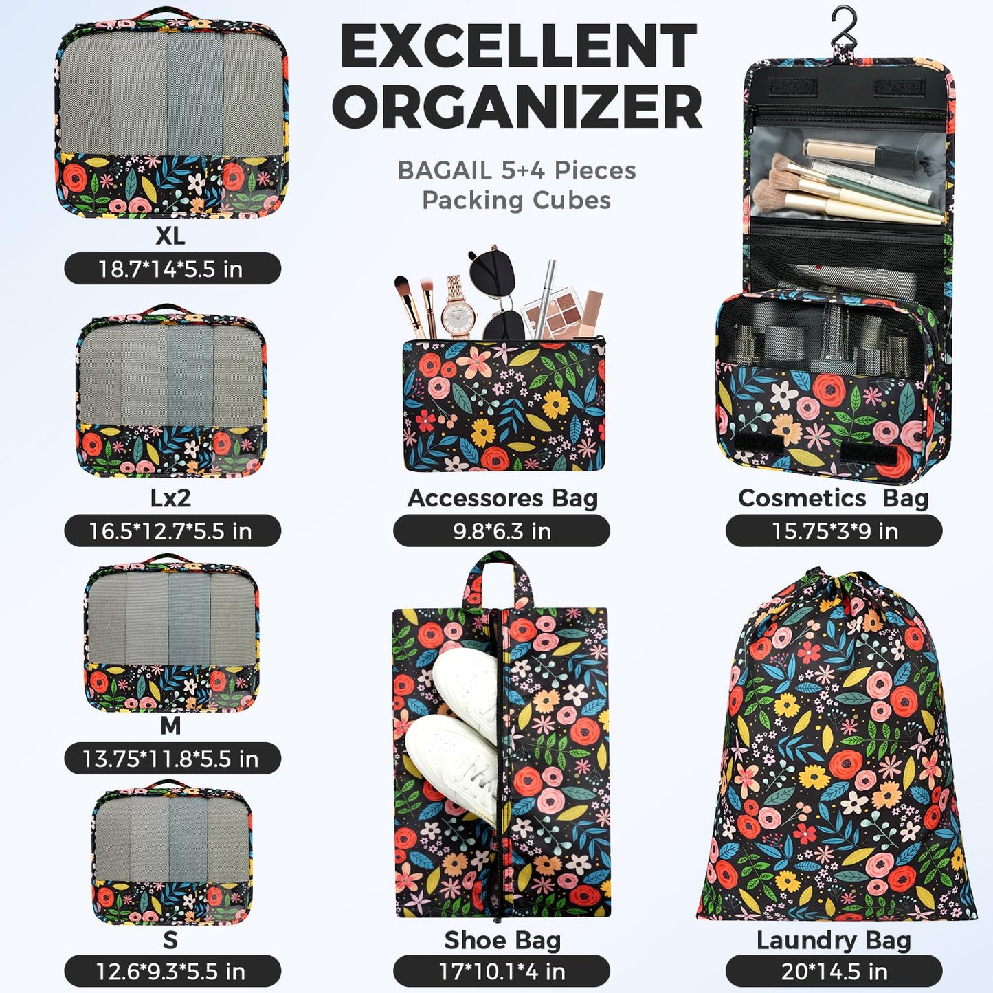 BAGAIL 9 Set Packing Cubes Luggage Packing Organizers for Travel Accessories (Black floral)