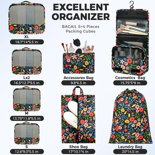 BAGAIL 9 Set Packing Cubes Luggage Packing Organizers for Travel Accessories (Black floral)