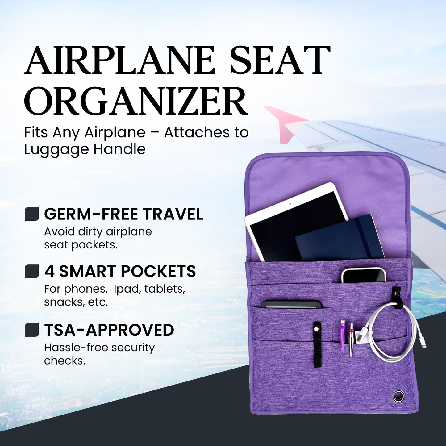 SO~MINE Airplane Pocket Organizer | Tray Table Cover | In Flight Seat Back Organizer Bag | Commuter Essential Travel Bag | Media Pouch For Flying | Travel Gift | Attaches To Luggage (Purple)