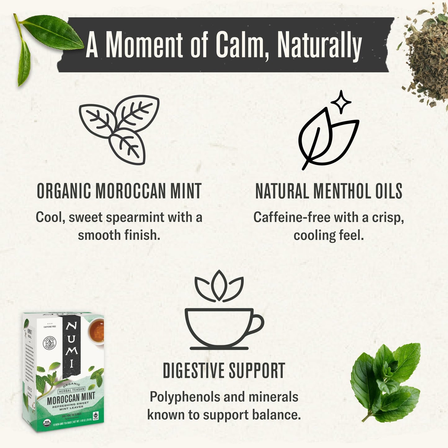 Numi Organic Tea Moroccan Mint, 18 Count Box of Tea Bags, Herbal Teasan