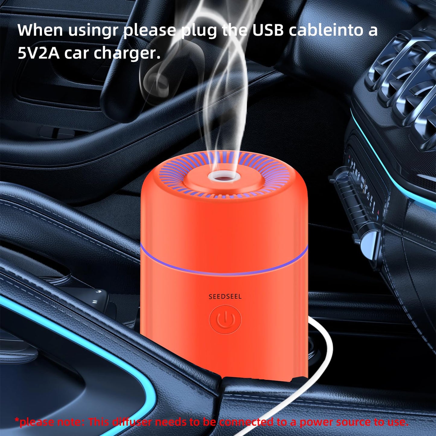 SEEDSEEL 100ML Car Essential Oil Diffuser, Mini Air Humidifier with 7-LED Color Changing, Suitable for Car (Orange)