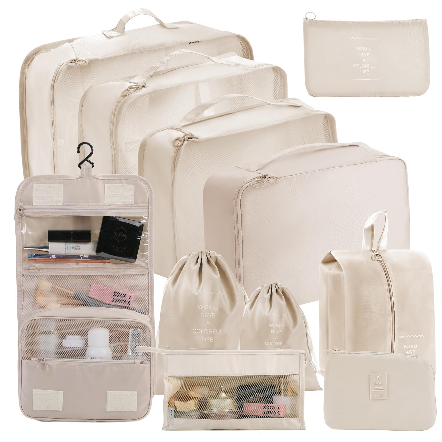 Packing Cubes Storage Bags 11 Pieces-Luggage Organizers Classify Store Clothing Efficiently for Travel Outdoor Home (Beige, 11 Pieces)