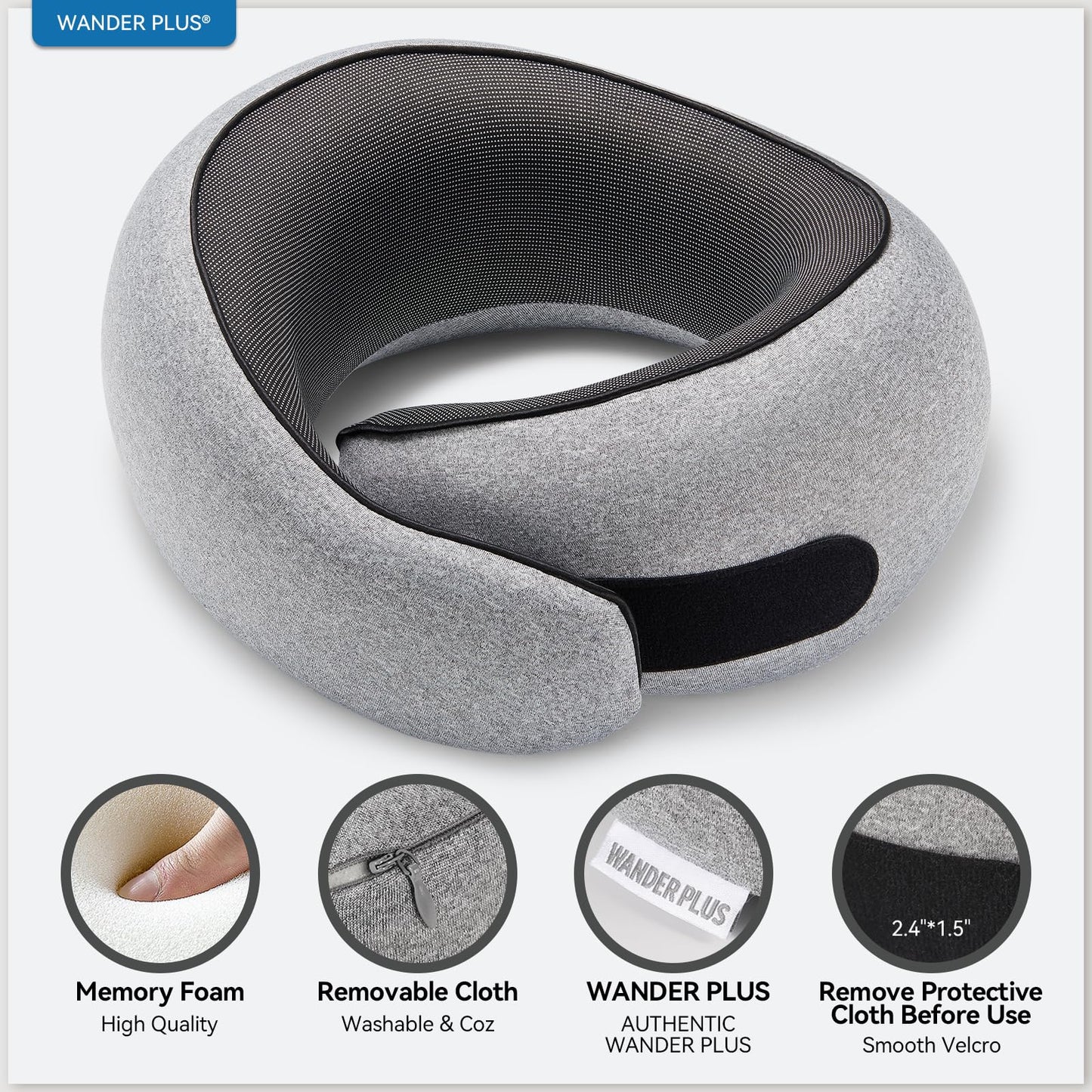 WANDER PLUS® Travel Neck Pillow, Pure Memory Foam Neck Pillow for Airplanes, Comfortable Breathable Cover, 360 Degree Support Ergonomic Design Best for Sleeping Plane Train Travel Essentials Max Black