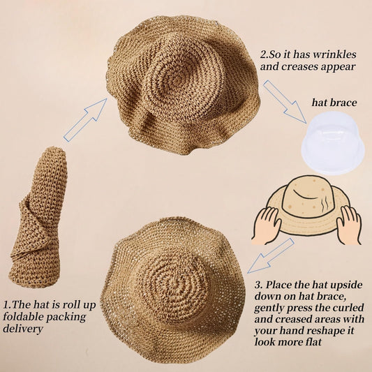Womens Sun Hats Wide Brim Summer Beach Hat for Women Foldable Travel Fedora Handmade Crochet Straw Hat Packable UPF50+, Khaki