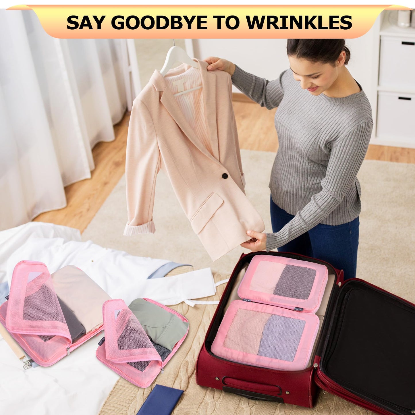 HDKJDPG 4 Set Ultralight Compression Packing Cubes Travel for Suitcases ,Compressible Mesh Packing Cubes for Travel Women Packing Organizers (Pink)
