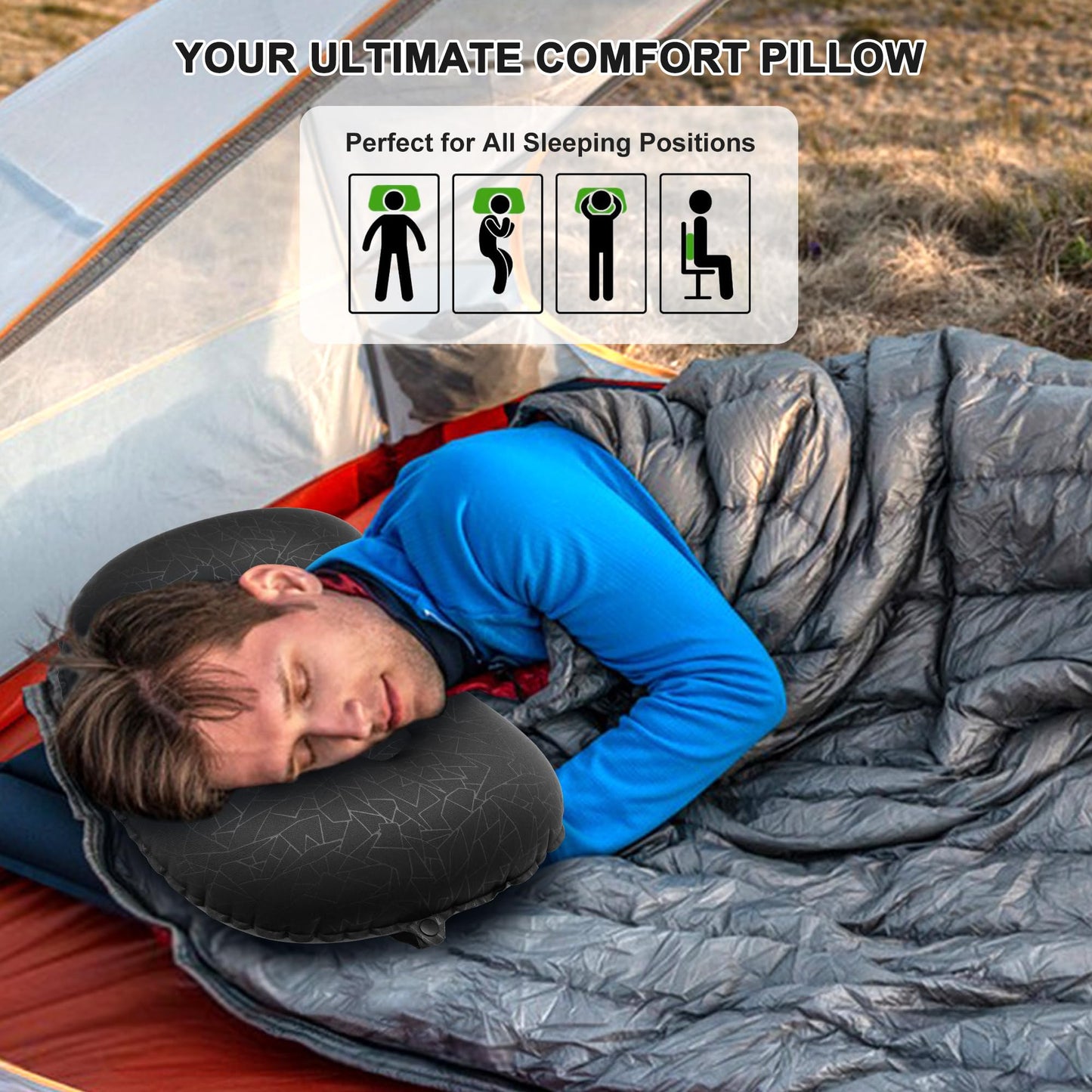 BreezCamp Inflatable Camping Pillow, Travel Blow Up Air Pillow, Neck Lumbar Support Ultralight Compact Pillow for Outdoor Hiking Backpacking Car Beach Airplane Sleeping Essentials, Black