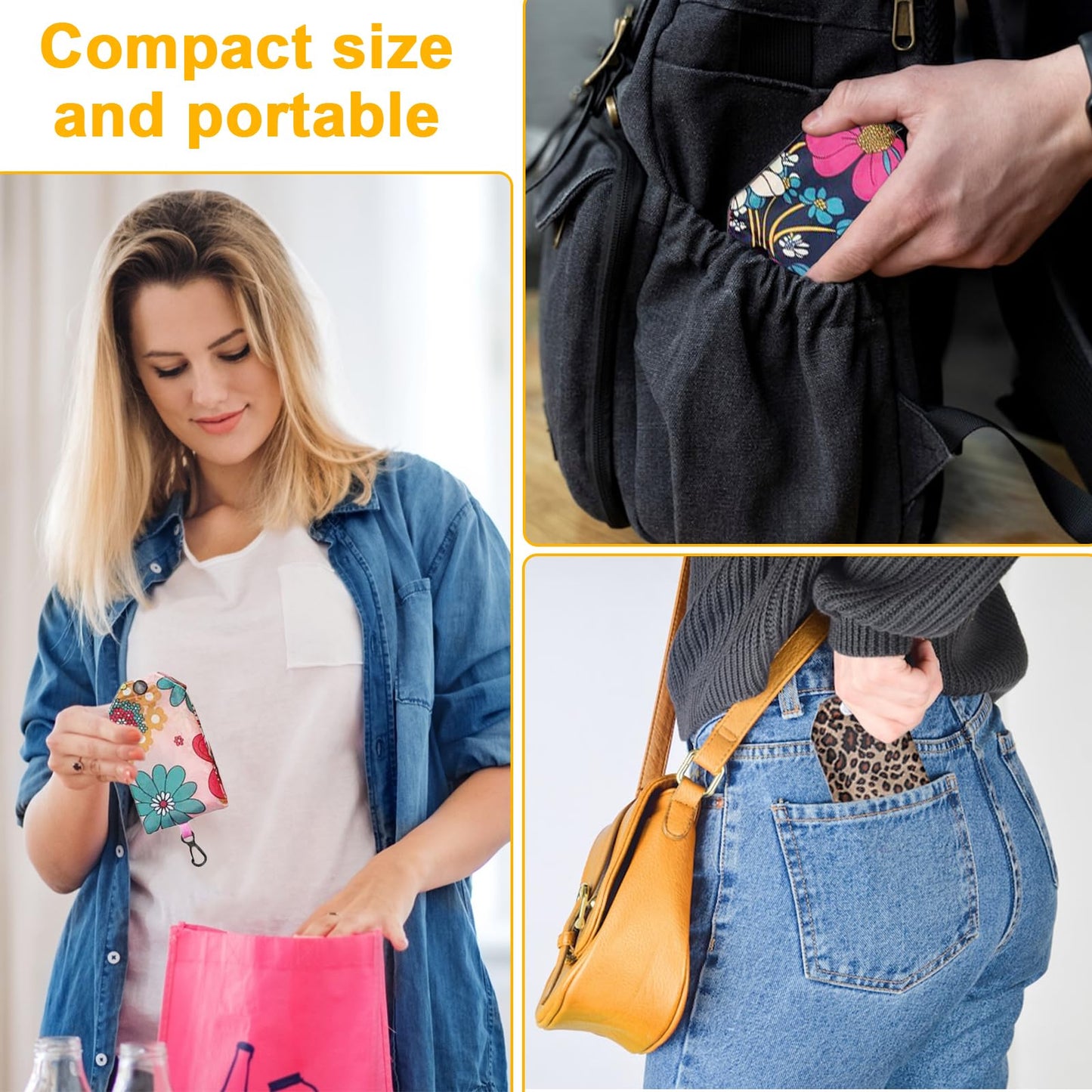 PENGJINYU 6 Pcs Reusable Shopping Bags Foldable,Grocery Bags in Pocket,Waterproof and Machine Washable,Eco-friendly Travel Recycle Polyester Tote Bags for Daily Shopping Supplies load