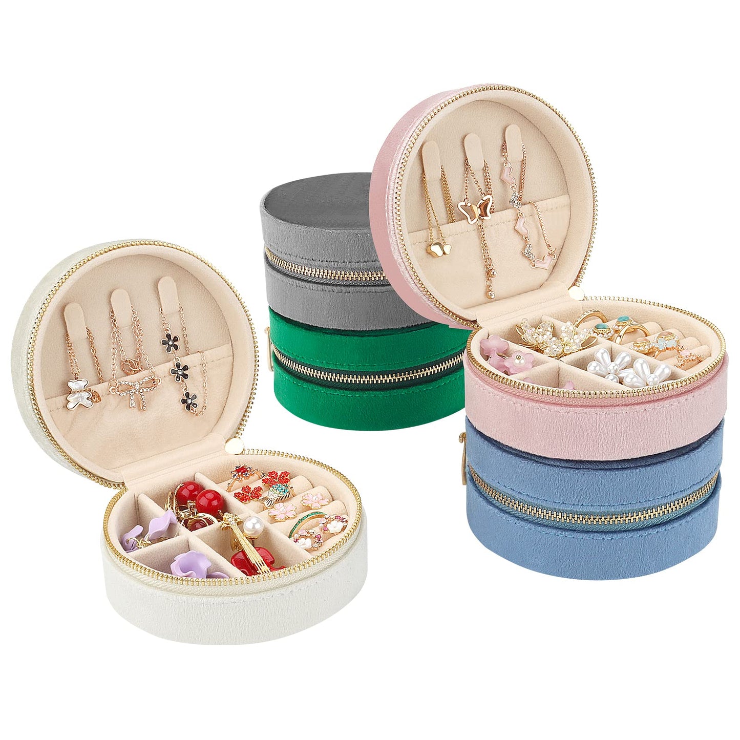 DesignSter Travel Jewelry Box - Velvet Mini Jewelry Organizer, Small Jewelry Case for Girls Women, Jewelry Storage Box for Rings Earrings Necklace (Circular, Lotus Pink)