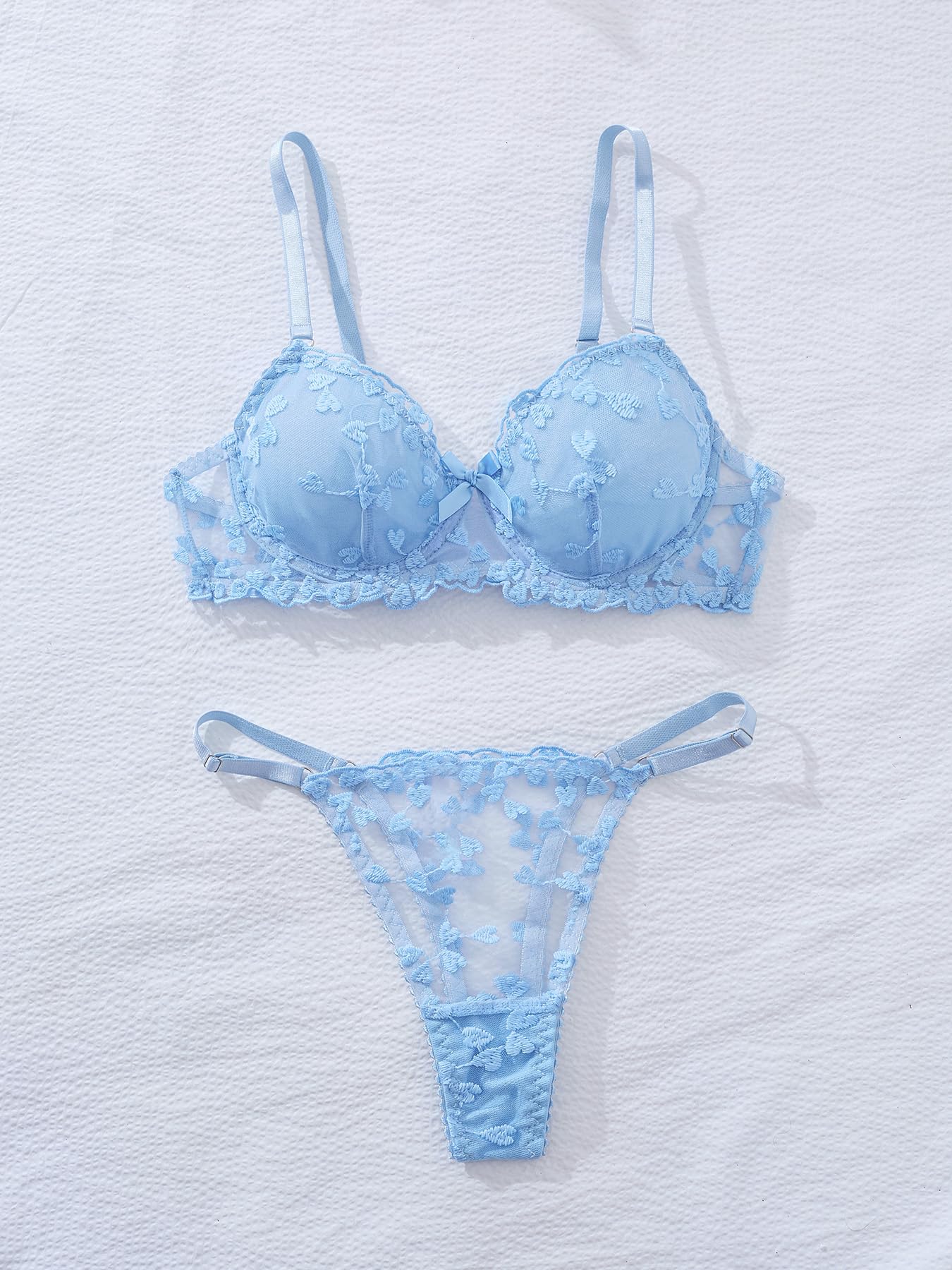 Aimedalis Sexy Strappy Embroidered Mesh Lingerie For Women Cute Underwire Push Up Bra And Panty Set Good Gifts For Wife (A Light Blue M)