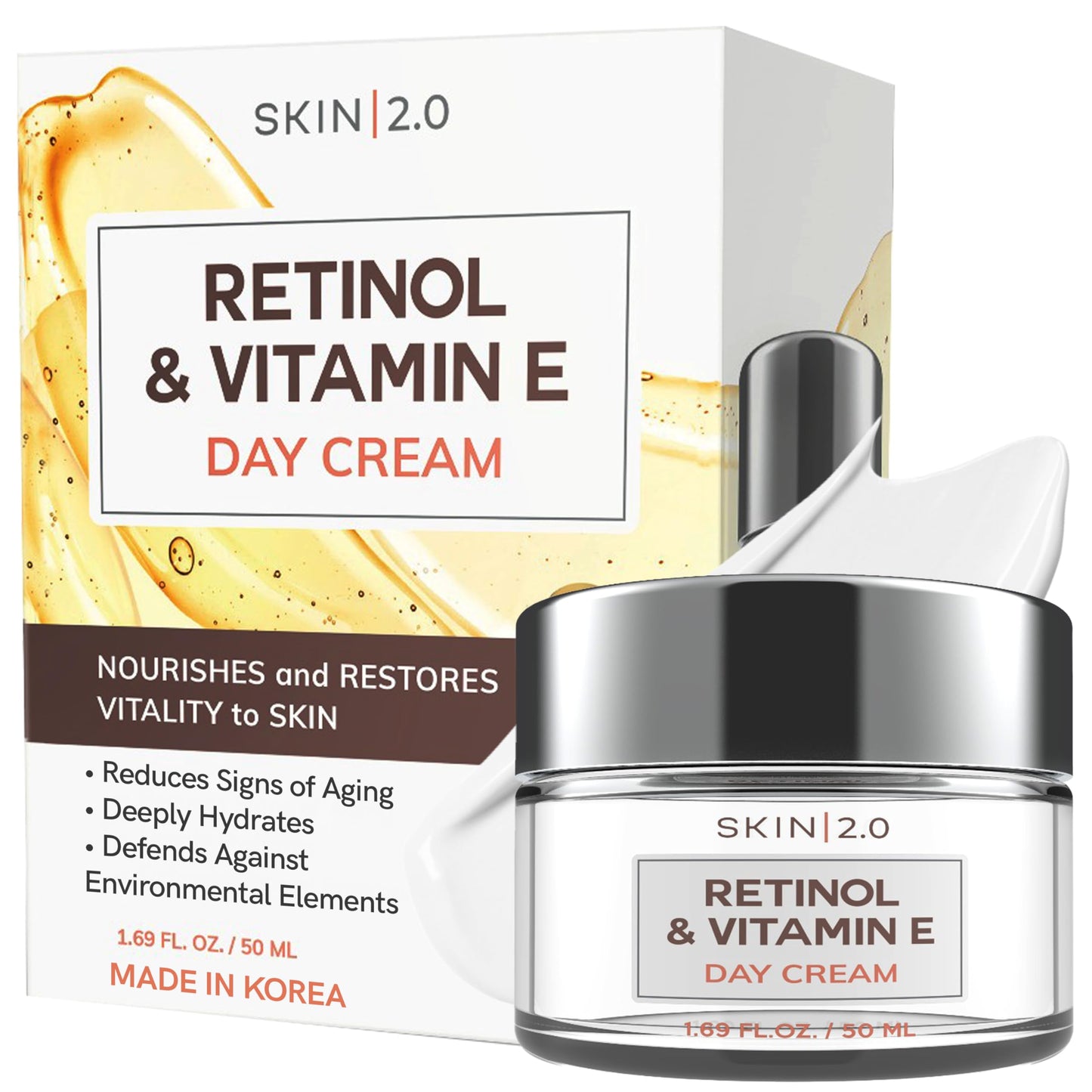 Skin 2.0 Retinol & Vitamin E Face Moisturizer - Dermatologist Tested, Hydrating, Restores Sun-Damaged Skin, Anti-Aging - Reduces Acne Scars, Clean Beauty, Cruelty-Free Korean Skincare - 1.69 Fl oz