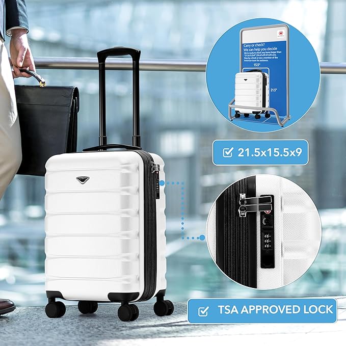 Carry On Suitcase Hardside TSA Lock & USB Port Silent Double Spinner Wheels Maximum Carry-On Bag For Canada Air Approved Airlines( 21.5x15.5x9" ,White )