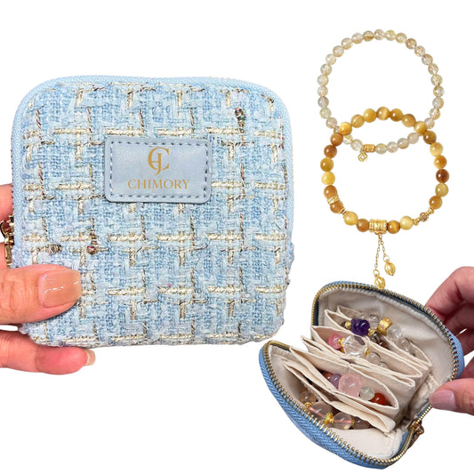 2025 New Travel Jewelry Case – Jewelry Organizer Travel for Rings, Bracelets, & Bangles with Smooth Metal Zipper, Elegant Jewelry Roll for Journey, Crystal Jewelry Storage Pouch, Mini, Tweed Blue