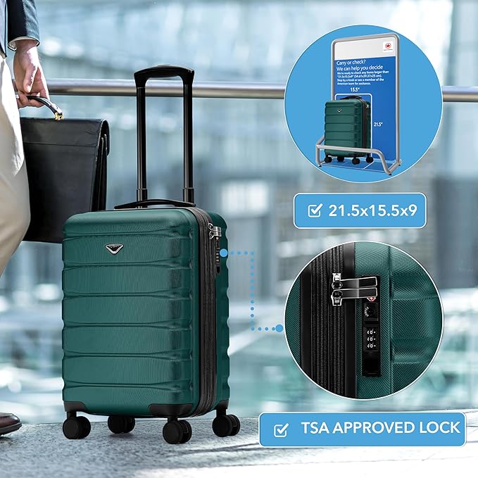 Carry On Suitcase Hardside TSA Lock & USB Port Silent Double Spinner Wheels Maximum Carry-On Bag For Canada Air Approved Airlines( 21.5x15.5x9" ,Forest Green )