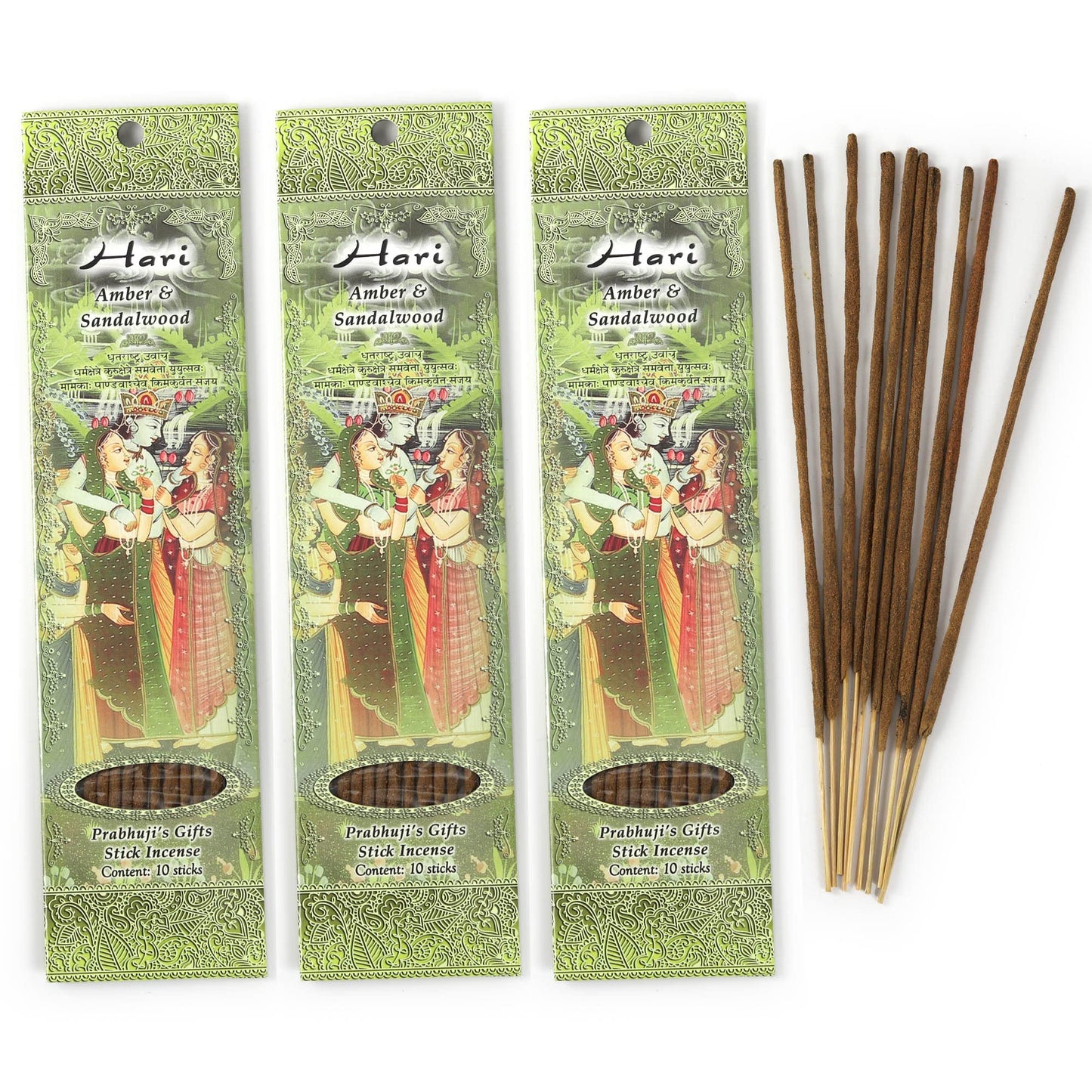 Prabhuji's Gifts Hari Hand-Rolled Spiritual Incense Sticks from India - Aromatic Sticks - for Meditation, Yoga, Relaxation, & Aromatherapy Incense - Amber and Sandalwood - 3 Packs of 10 Sticks