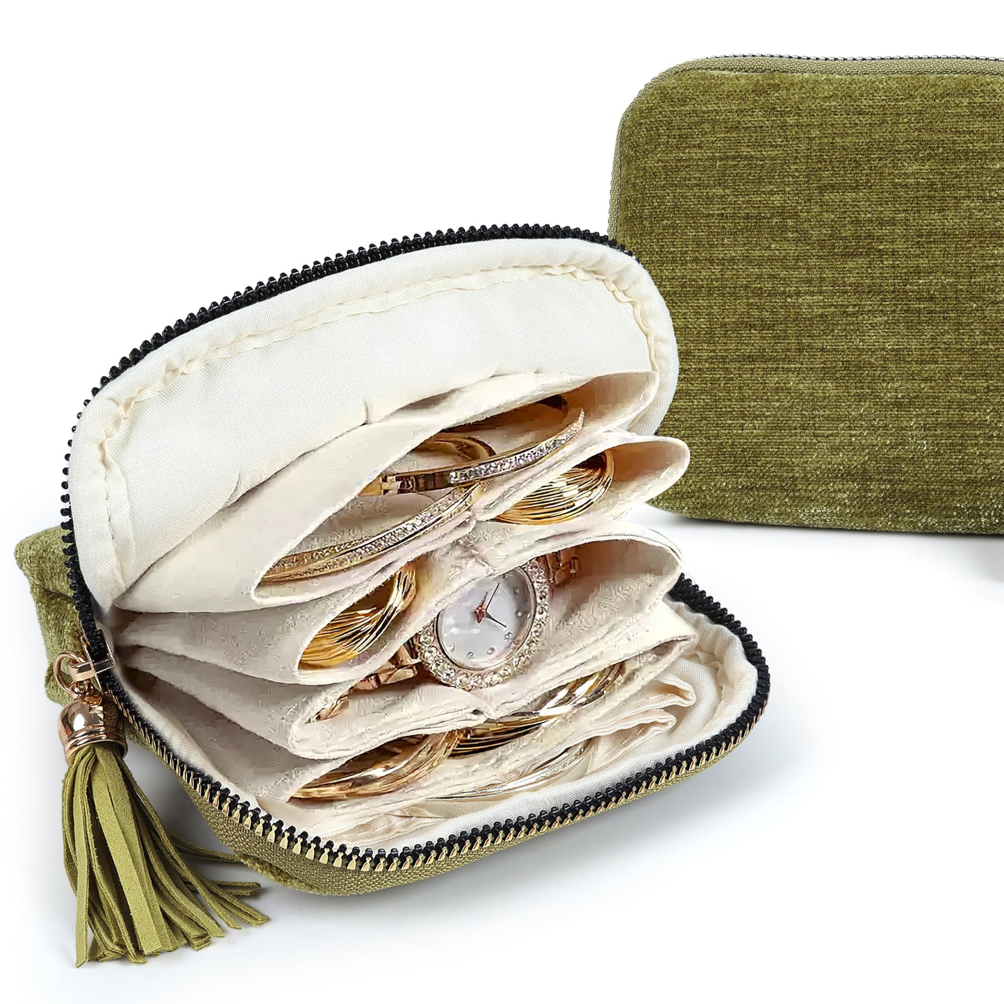 LOTOFUN Jewelry Organizer Case for Travel: 5-Layer Velvet Zipper Pouch Bag for Bangles Link Bracelets Storage Protect from Tangle Scratch (Avocado Green)