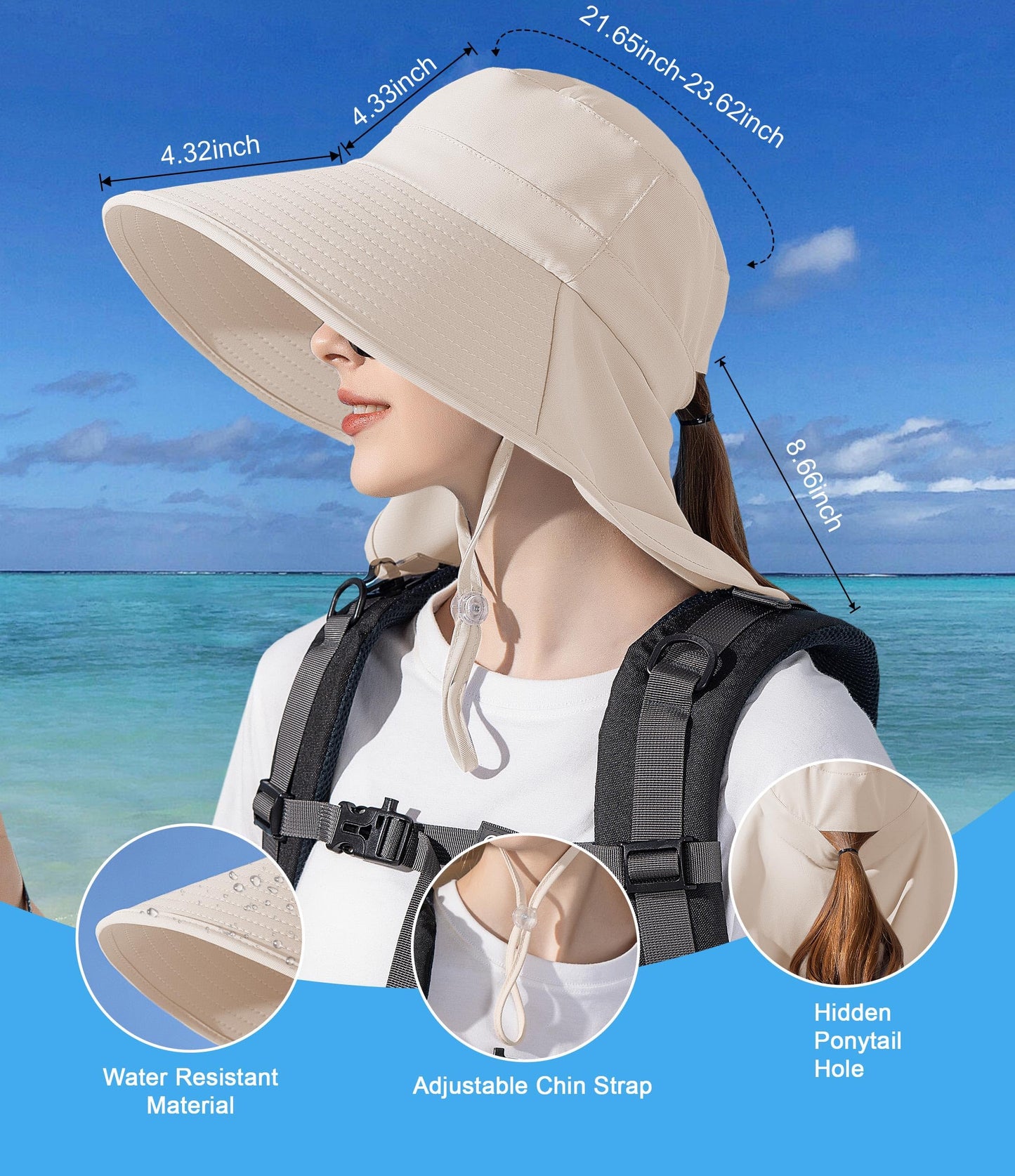 Sun Hats for Women UPF 50+ Uv Protection with Ponytail Hole,Beach Wide Brim Hats Fishing Hats,Gardening Hat for Neck Flap Beige