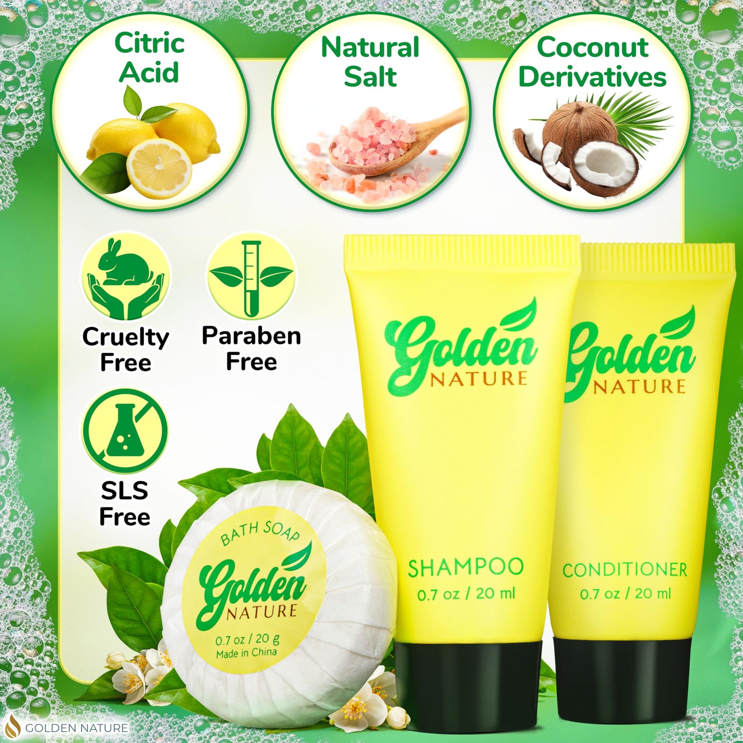 Golden Nature - Travel Size Soap, Shampoo & Conditioner Set - Jasmine, 0.7 oz each, 150 Pcs - 3-Piece Kit: 50 Round Bar Soap, 50 Shampoo & 50 Conditioner - Bulk Small Size Luxury Toiletries