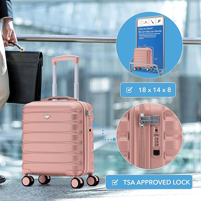 Carry On Suitcase Hardside Built In TSA Lock & USB Port Silent Double Spinner Wheels Maximum Underseat Carry-On Bag For American & United Approved Airlines( 18x14x8" ,Pink )