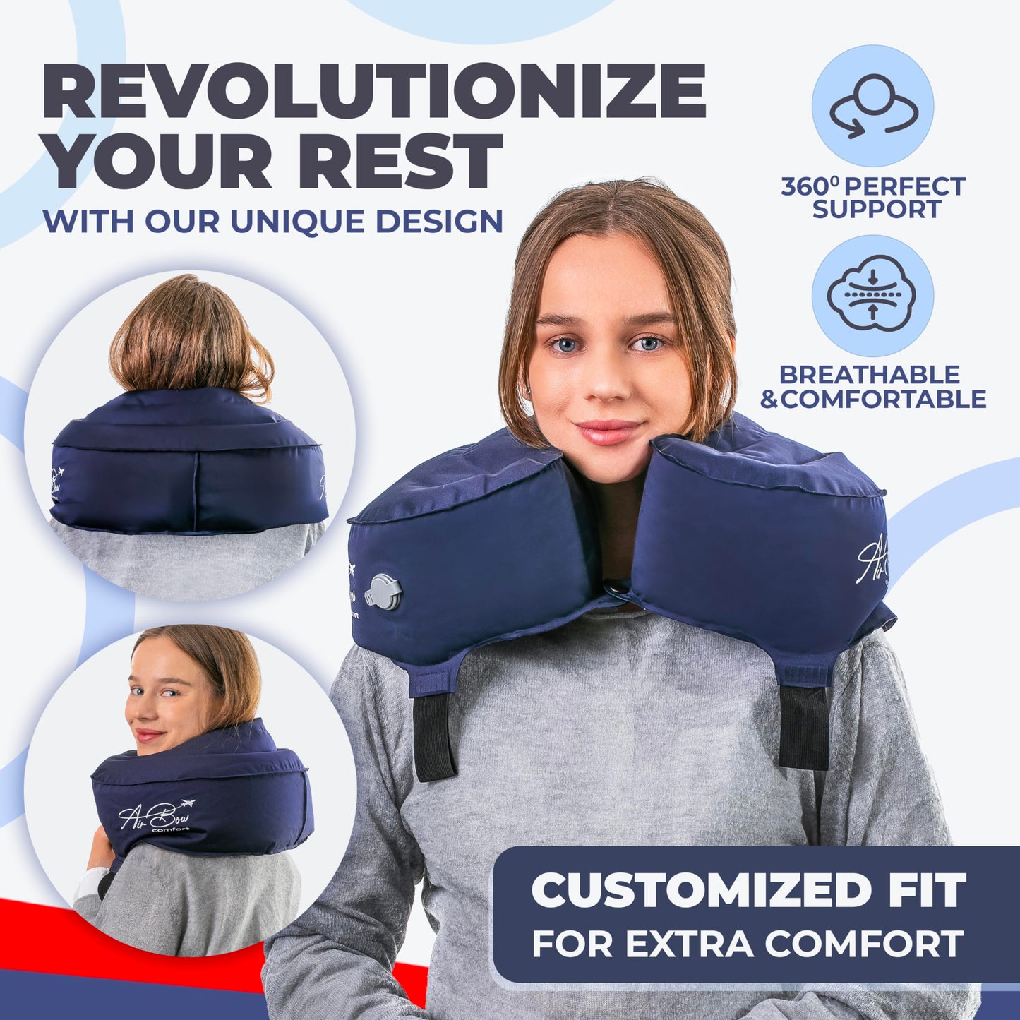 Air Bow Comfortable Travel Pillow - Airplane Pillow for Head, Neck, & Chin Rest, Inflatable & Soft Neck Pillow - Durable Material with Hygienic & Washable Cover, Easy to Inflate & Deflate (Blue)