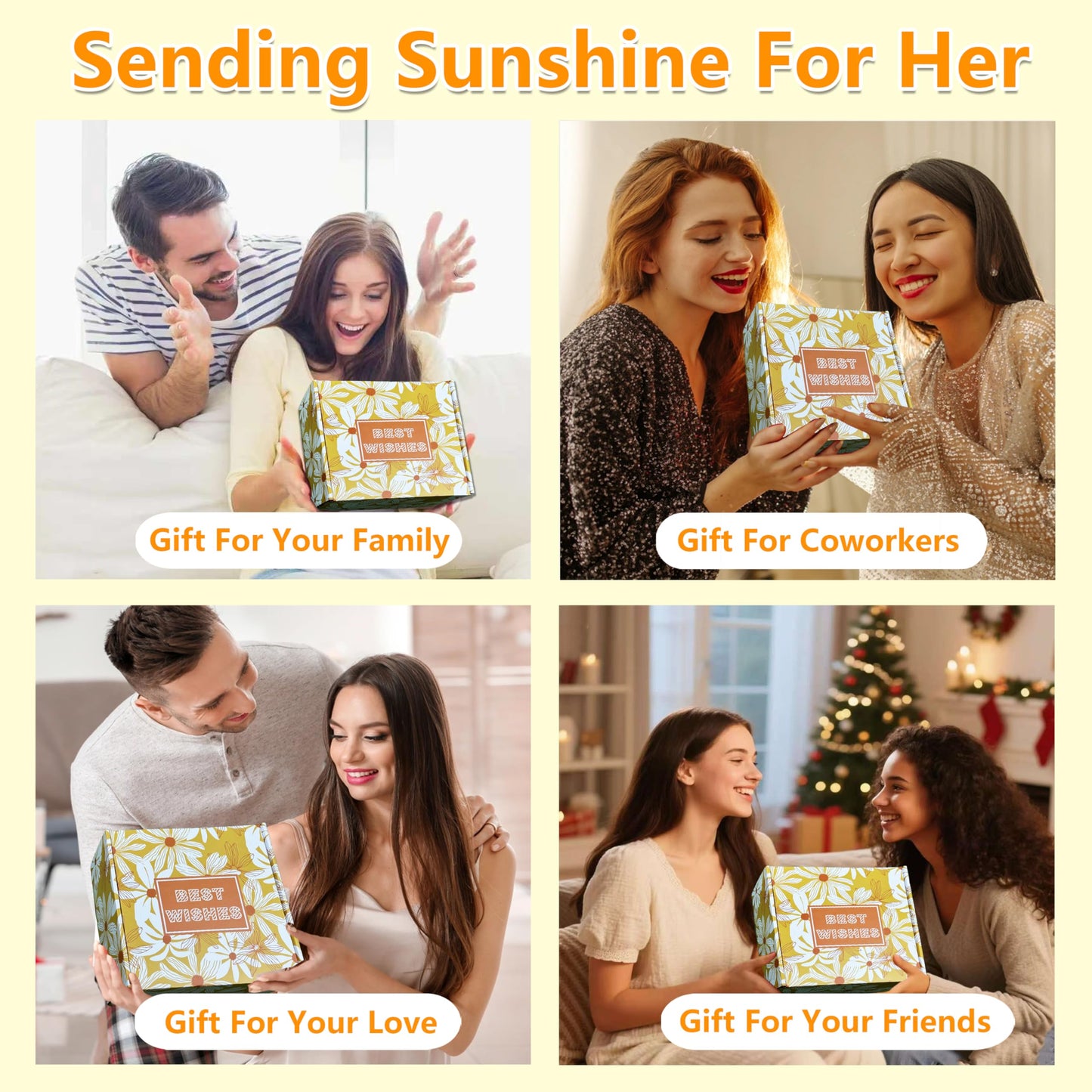 Gift Baskets for Women -Unique Gift Basket Set & Sunshine Box Care Package, Festive-Ready Golden Uplifting Gift Set forMom Wife Sister Friends Teen Girls