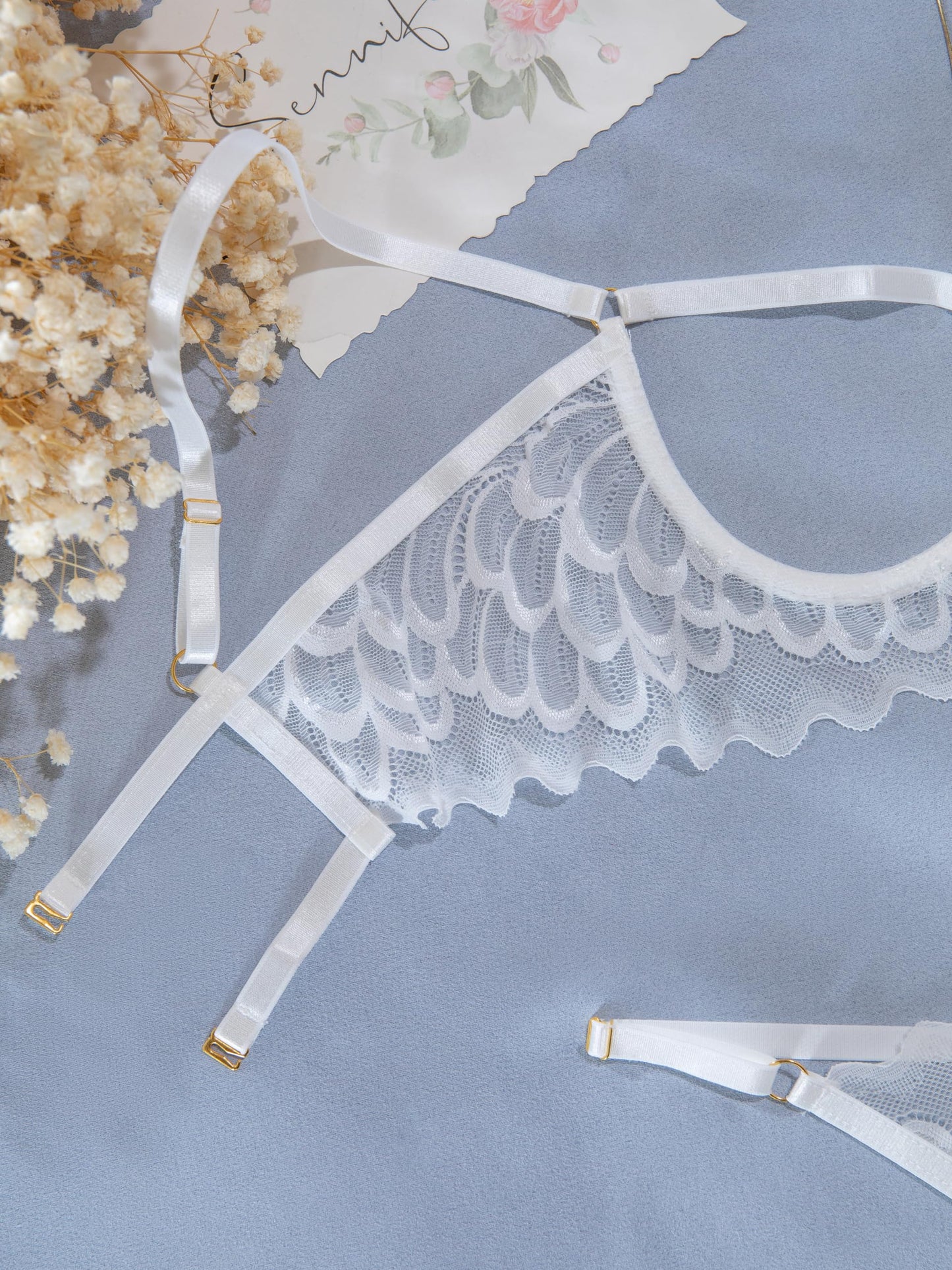 Lilosy Sexy Underwire Floral Lace Sheer Bachelorette Lingerie Set for Women See Through Bra and Panty 2 Piece White Large